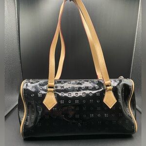 GUC Black Patent Leather Arcadia Black Embossed Handbag Tan Trim Made in Italy